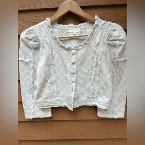 LoveShackFancy White Puff Sleeve Blouse with Peter Pan Collar